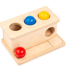 Lihtne ja vastupidav puidust kast pallide lükkamiseks – arendab peenmotoorikat ja objekti püsimistaju. Nienhuis Montessori