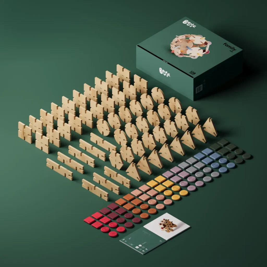 Auhinnatud Šveitsi disainiga ehituskomplekt, mis ühendab sooja puidu ja paindlikud silikoonühendused. Pere komplekt kutsub ehitama piirideta fantaasiamaailmu – abstraktsest kunstist keerukate ehitisteni.