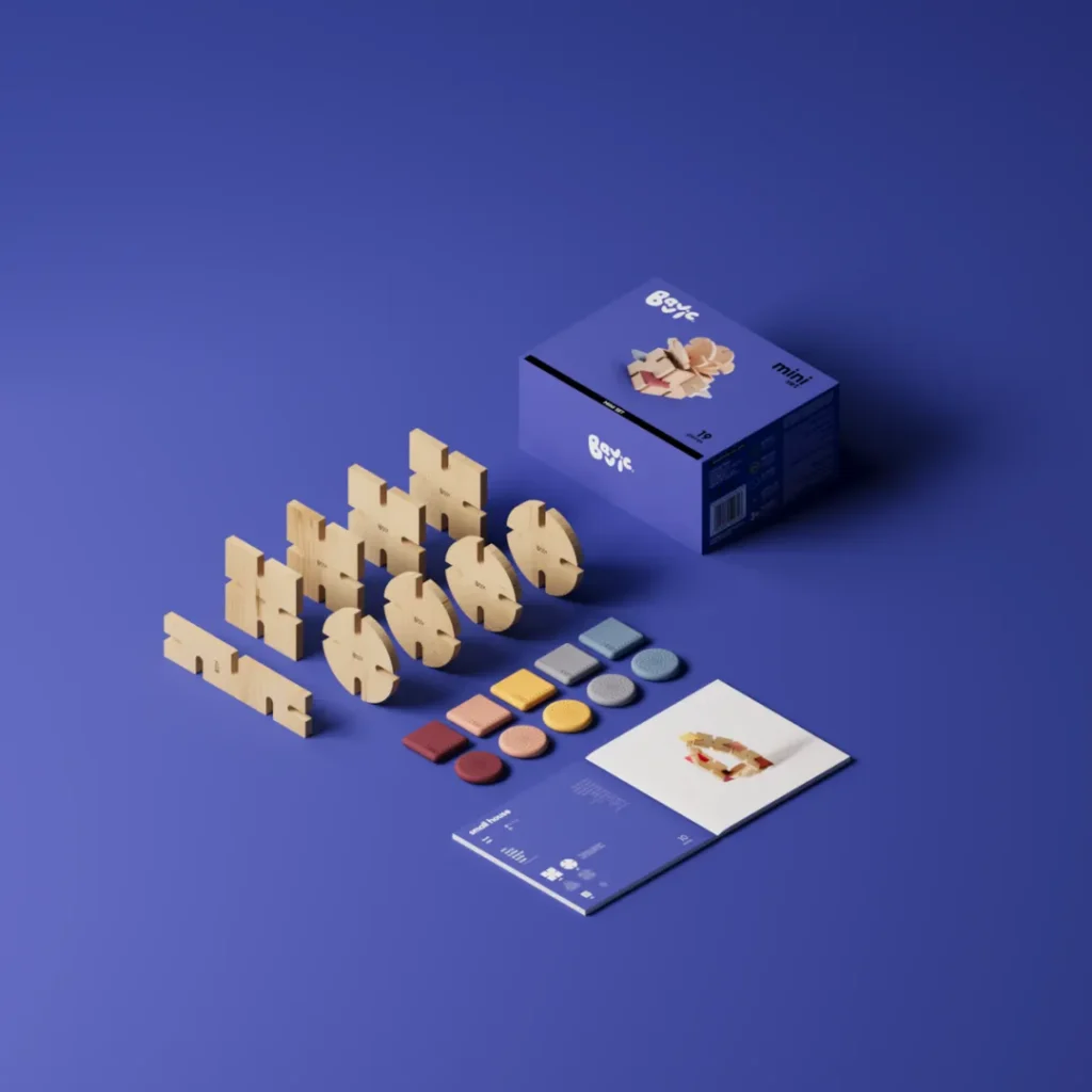 Auhinnatud Šveitsi disainiga ehituskomplekt, mis ühendab sooja puidu ja paindlikud silikoonühendused. Mini komplekt kutsub ehitama piirideta fantaasiamaailmu – abstraktsest kunstist keerukate ehitisteni.